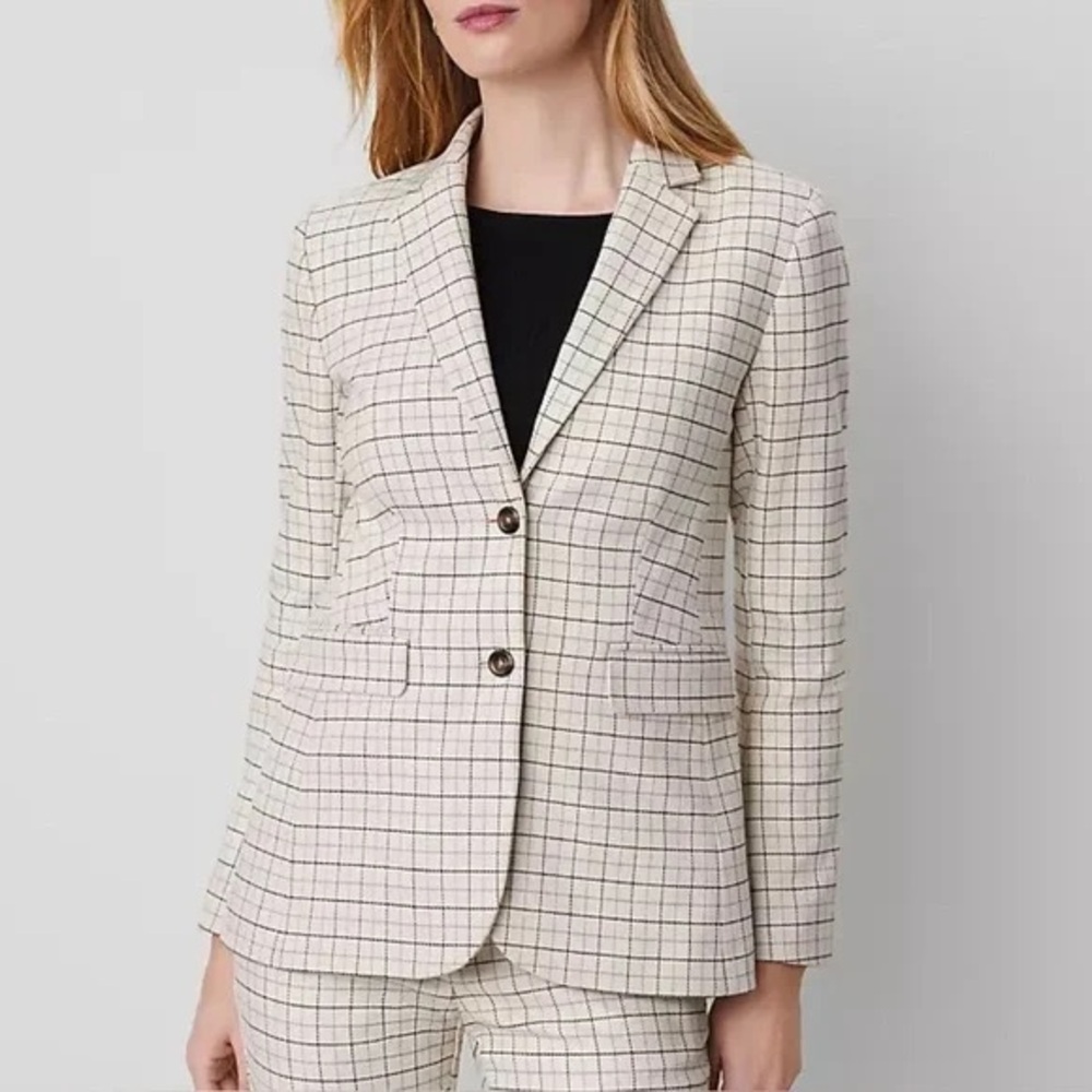 Ann Taylor Cream Windowpane Plaid Pantsuit Blazer